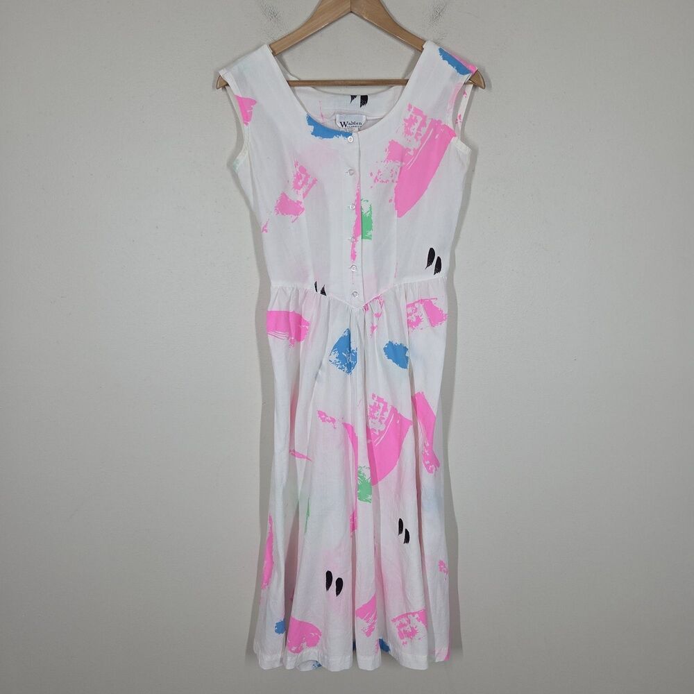 Vtg 80s Walden Classics Paint Brush Stroke Midi Dress 8 Artsy Funky Abstract